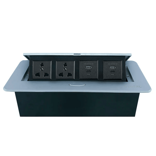Technology Box, 2 Multi Sockets & 2 USB Charging Conference Table Connectivity Hydraulic Pop Up Power Center Box - Silver & Black