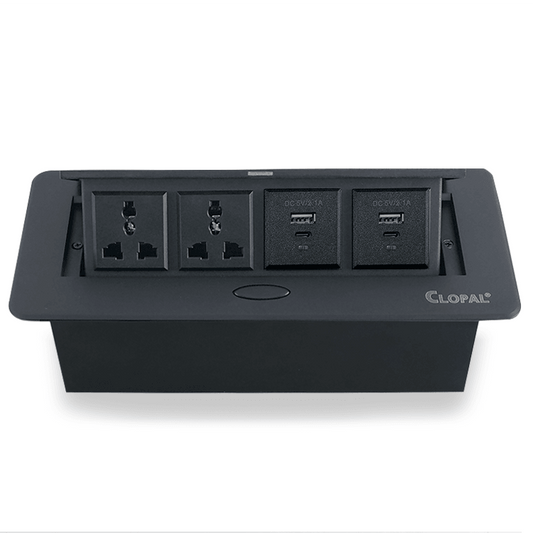 Technology Box, 2 Multi Sockets & 2 USB Charging Conference Table Connectivity Hydraulic Pop Up Power Center Box - Silver & Black