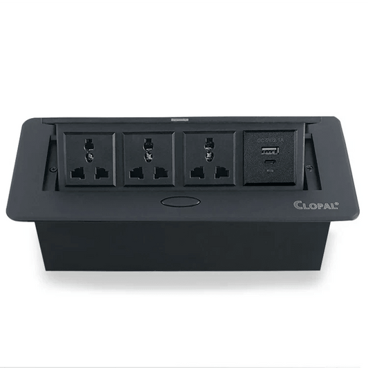 Technology Box, 3 Multi Sockets & 1 USB Charging Conference Table Connectivity Hydraulic Pop Up Power Center Box - Silver & Black