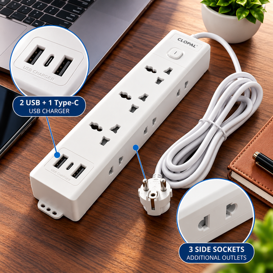 Extension Lead with 2 Meters Heavy Duty Copper Cable, 3 Power Sockets Extension Board with 2 USB & 1 Type C