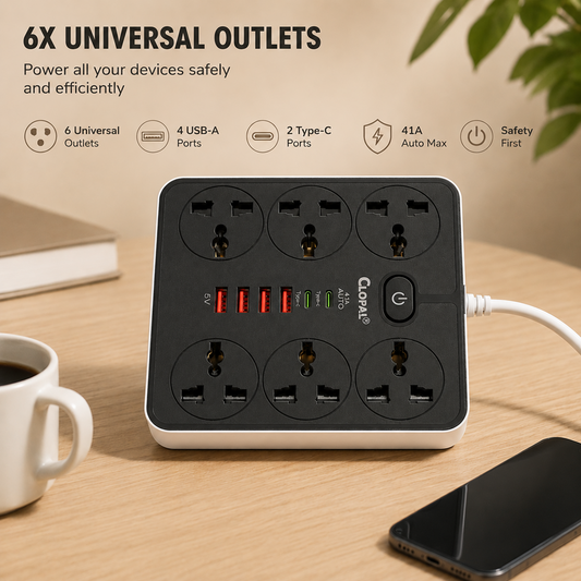 Clopal 6 Ways Multi Power Sockets with Safty Locks with 2 Type-C & 4 USB Ports Extension