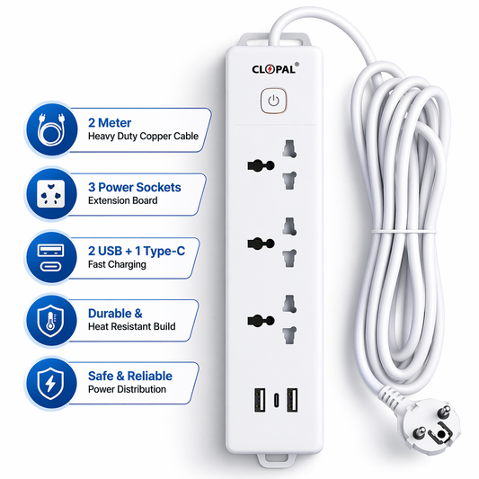 Extension Lead with 2 Meters Heavy Duty Copper Cable, 3 Power Sockets Extension Board with 2 USB & 1 Type C