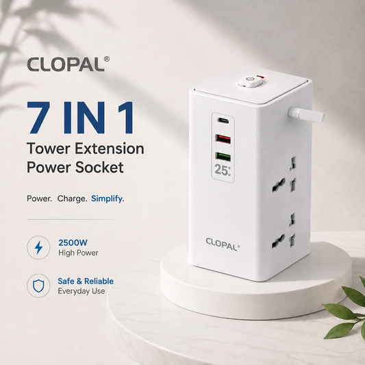 Clopal 7 in 1 Tower Extension Power Socket, 1 USB-C, 2 USB-A Port, Extension Cord 2Mtrs