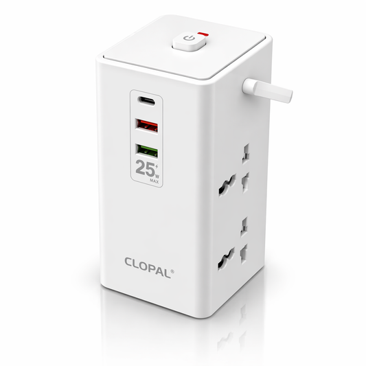 Clopal 7 in 1 2500W Tower Extension Power Socket 25W Charging Station USB Power Strip 2 Outlets 1 USB-C, 2 USB-A Port Extension Cord