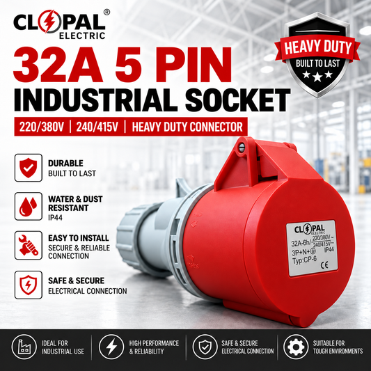 Clopal 32A 5-Pin Industrial Socket | 3P+N+E | 220/380V–240/415V | IP44 | Heavy Duty Connector