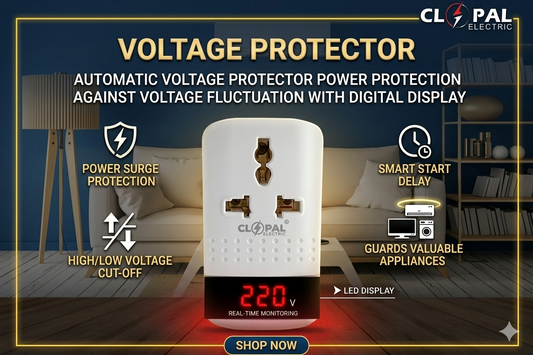 Clopal Automatic Power Protection Digital Voltage Protector – LED Display, Under Voltage 150/180V, Over Voltage 280V, Delay Time 5 Sec / 3 Minutes