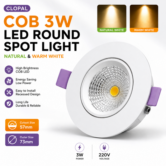 Clopal COB 3 watt Led SMD Round Spot Light 220V - Natural & Warm