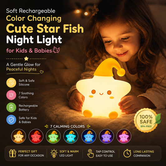 Clopal Soft Rechargeable Color Changing Cute Star Fish Night Light for Kids Baby Lamp