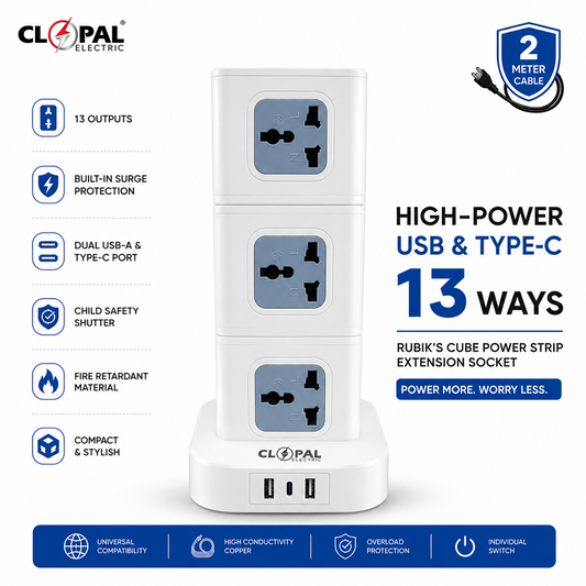 Clopal High-power USB & TypeC 9 & 13 Ways Outputs Rubik’s Cube Power Strip Extension Socket