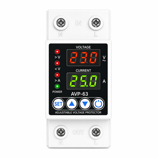 Clopal Dual Display Adjustable 63A Voltage Protector Intelligent Over-voltage Under-voltage Over-current Protect Device Home Relay Self-resetting Voltage Protector