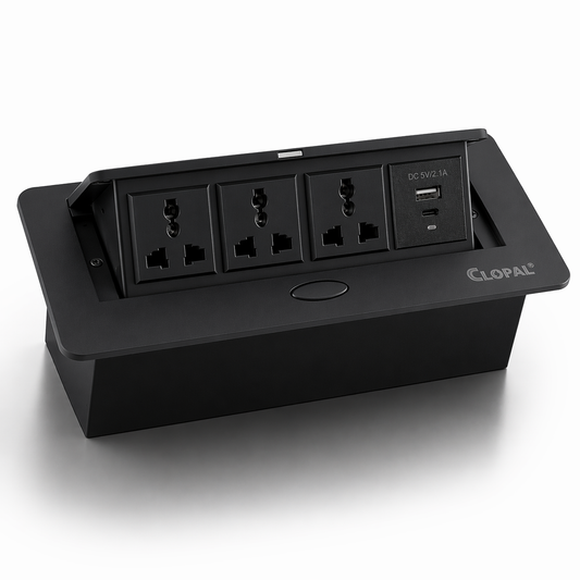 Technology Box, 3 Multi Sockets & 1 USB Charging Conference Table Connectivity Hydraulic Pop Up Power Center Box - Silver & Black