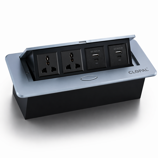 Technology Box, 2 Multi Sockets & 2 USB Charging Conference Table Connectivity Hydraulic Pop Up Power Center Box - Silver & Black