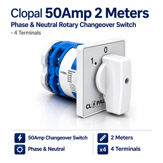 Clopal 50Amp 2 Meters Phase & Neutral Rotary Changeover Switch Large - 4 Terminals