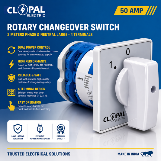Clopal 50Amp 2 Meters Phase & Neutral Rotary Changeover Switch Large - 4 Terminals