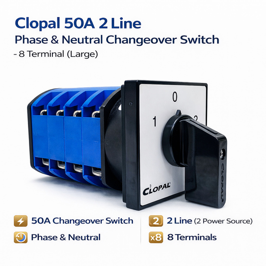 Clopal 50A 2 Line Phase & Neutral Changeover Switch – 8 Terminal (Large)