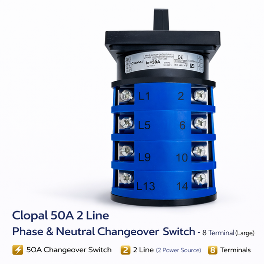 Clopal 50A 2 Line Phase & Neutral Changeover Switch – 8 Terminal (Large)