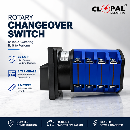 Clopal 75Amp 2 Meters Phase & Neutral Rotary Changeover Switch Large - 8 Terminals