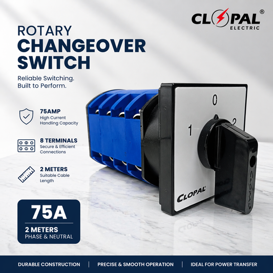 Clopal 75Amp 2 Meters Phase & Neutral Rotary Changeover Switch Large - 8 Terminals