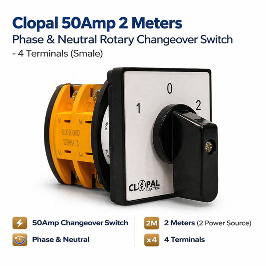 Clopal 50Amp 2 Meters Phase & Neutral Rotary Changeover Switch Small - 4 Terminals