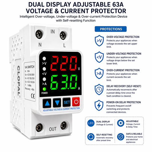 Clopal Dual Display Adjustable 63A Voltage Protector Intelligent Over-voltage Under-voltage Over-current Protect Device Home Relay Self-resetting Voltage Protector