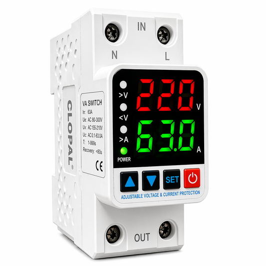 Clopal Dual Display Adjustable 63A Voltage Protector Intelligent Over-voltage Under-voltage Over-current Protect Device Home Relay Self-resetting Voltage Protector