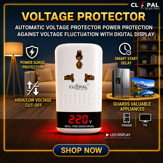 Clopal Automatic Power Protection Digital Voltage Protector – LED Display, Under Voltage 150/180V, Over Voltage 260V, Delay Time 5 Sec / 3 Minutes
