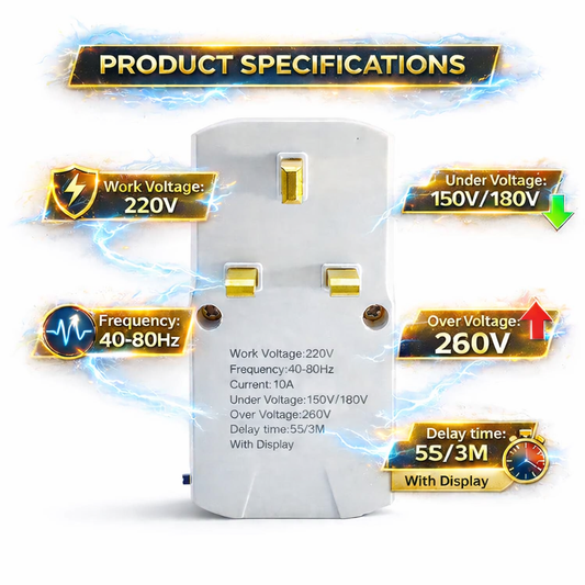 Clopal Automatic Power Protection Digital Voltage Protector – LED Display, Under Voltage 150/180V, Over Voltage 260V, Delay Time 5 Sec / 3 Minutes