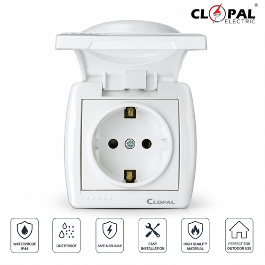 Clopal EU Plug Wall Waterproof Socket Outlet – Weatherproof Electrical Power Socket White Plate