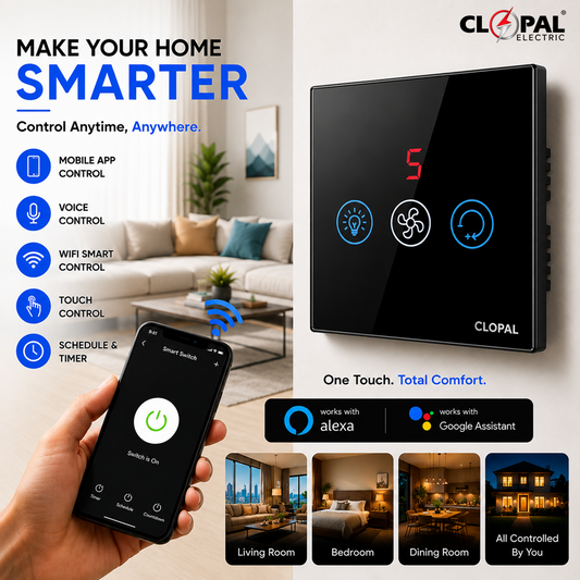 Clopal Fan Dimmer + 1 Gang Black Smart Touch WIFI Switch Series with Mobile Control, Voice Control Compatible with ALEXA, Google Assistant