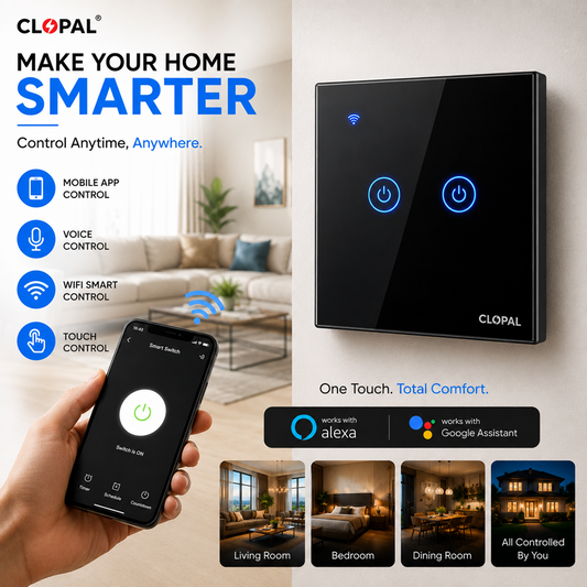 Clopal 2 Gang Black Smart Touch WIFI Switch Series with Mobile Control, Voice Control Compatible with ALEXA, Google Assistant