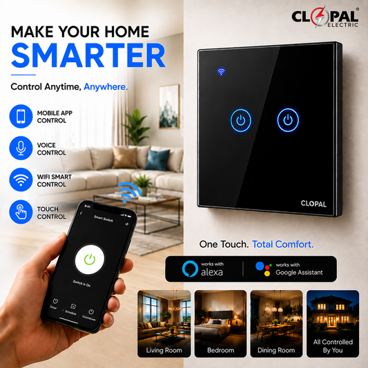 Clopal 2 Gang Black Smart Touch WIFI Switch Series with Mobile Control, Voice Control Compatible with ALEXA, Google Assistant