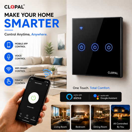 Clopal 3 Gang Black Smart Touch WIFI Switch Series with Mobile Control, Voice Control Compatible with ALEXA, Google Assistant