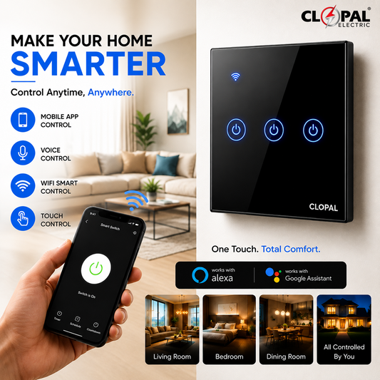 Clopal 3 Gang Black Smart Touch WIFI Switch Series with Mobile Control, Voice Control Compatible with ALEXA, Google Assistant