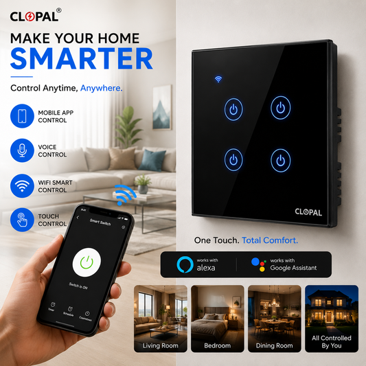 Clopal 4 Gang Black Smart Touch WIFI Switch Series with Mobile Control, Voice Control Compatible with ALEXA, Google Assistant