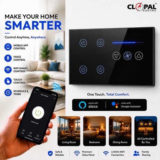 Clopal 4 Gang + Fan Dimmer Black Smart Touch WIFI Switch Series with Mobile Control, Voice Control Compatible with ALEXA, Google Assistant