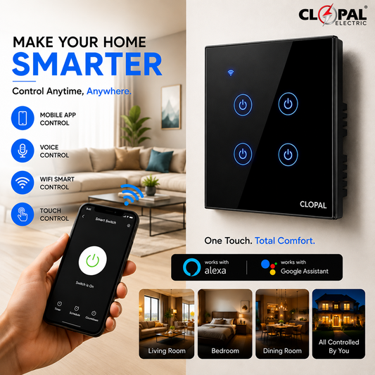 Clopal 4 Gang Black Smart Touch WIFI Switch Series with Mobile Control, Voice Control Compatible with ALEXA, Google Assistant
