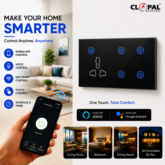 Clopal 4 Gang + Light Plug Black Smart Touch WIFI Switch Series with Mobile Control, Voice Control Compatible with ALEXA, Google Assistant