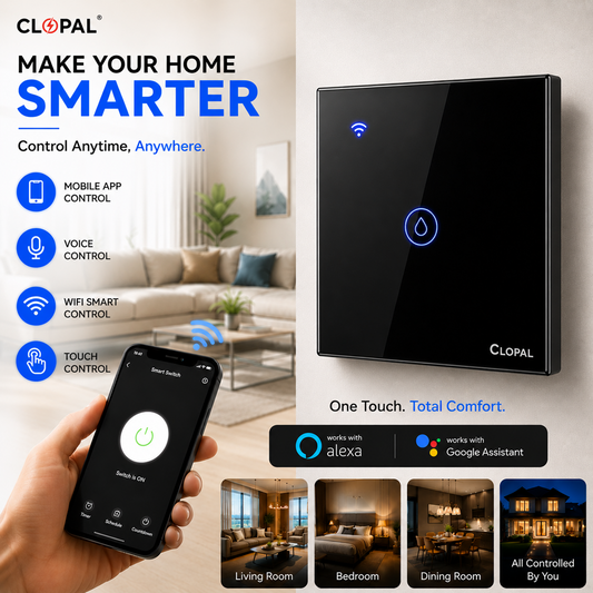 Clopal 40amp Switch Black Smart Touch WIFI Switch Series with Mobile Control, Voice Control Compatible with ALEXA, Google Assistant
