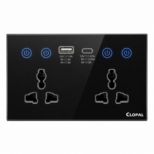 Clopal Double Multi + TypeC Black Smart Touch WIFI Switch Series with Mobile Control, Voice Control Compatible with ALEXA, Google Assistant