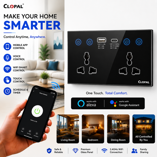Clopal Double Multi + TypeC Black Smart Touch WIFI Switch Series with Mobile Control, Voice Control Compatible with ALEXA, Google Assistant