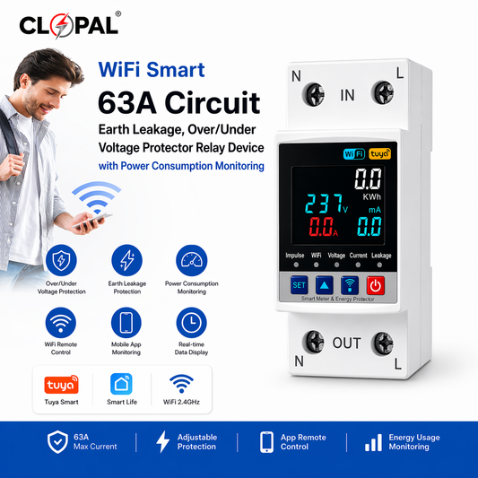 Clopal WiFi Smart 63A Circuit Earth Leakage, Over/Under Voltage Protector Relay Device with Power Consumption Monitoring