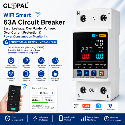 Clopal WiFi Smart 63A Circuit Breaker with Energy Consumption Limit, Earth Leakage, Over/Under Voltage & Power Monitoring