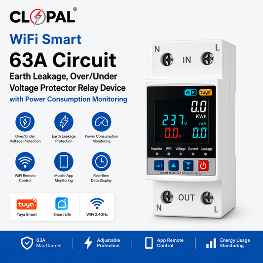 Clopal WiFi Smart 63A Circuit Earth Leakage, Over/Under Voltage Protector Relay Device with Power Consumption Monitoring