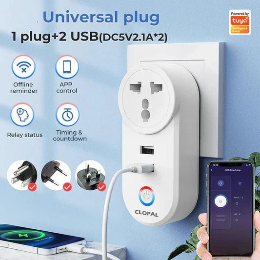 Clopal WiFi Smart Plug 3 Pin Universal Socket with Dual USB Ports – Smart Life App, Voice Control, Timer & Energy Efficient