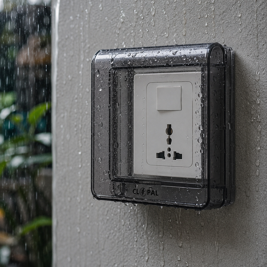 A waterproof outdoor electrical outlet cover with a clear rain-resistant plastic shell mounted on a gray concrete wall during a rainy day.