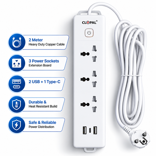 Extension Lead with 2 Meters Heavy Duty Copper Cable, 3 Power Sockets Extension Board with 2 USB & 1 Type C