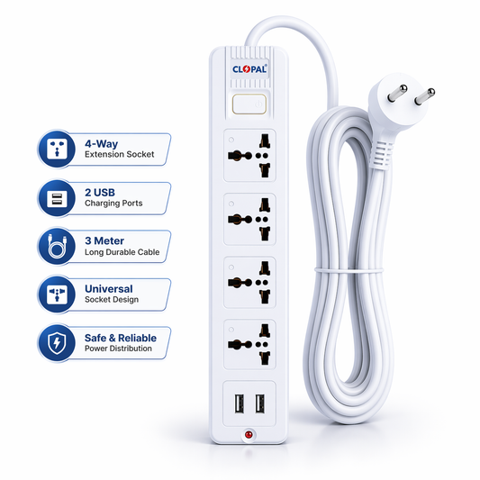 Clopal 4 Ways Extension Socket With 2 Super-speed USB Slots with 3 mtrs Cord - Brand Quality Product
