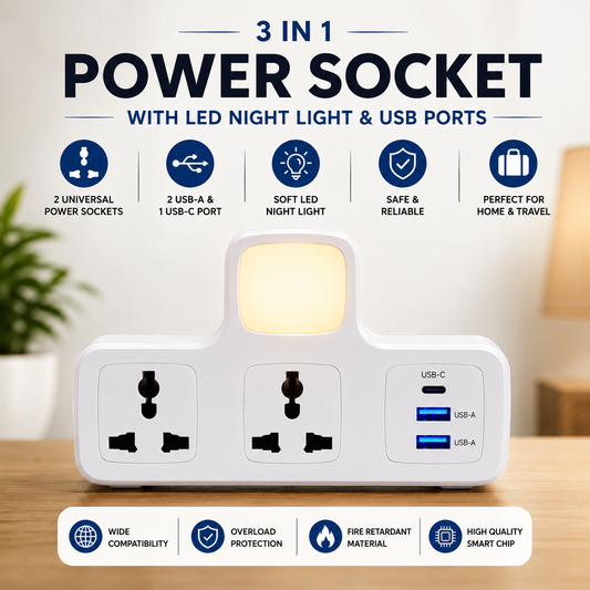Clopal Power Socket Universal & Multi-Charging Hub with 2 USB & 1 TypeC with Night Lamp with Three Colors