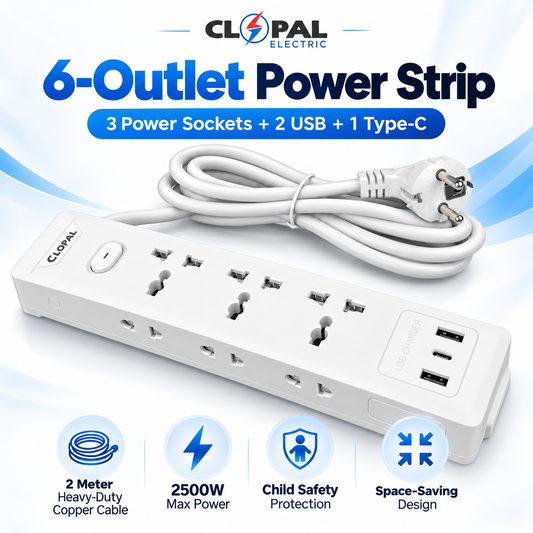 Extension Lead with 2 Meters Heavy Duty Copper Cable, 3 Power Sockets Extension Board with 2 USB & 1 Type C