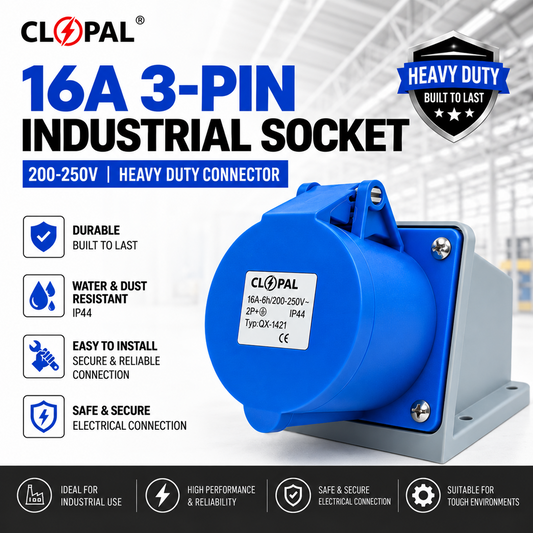 Clopal 16 & 32A 3-Pin Industrial Socket – 200-250V | IP44 | Heavy Duty Connector